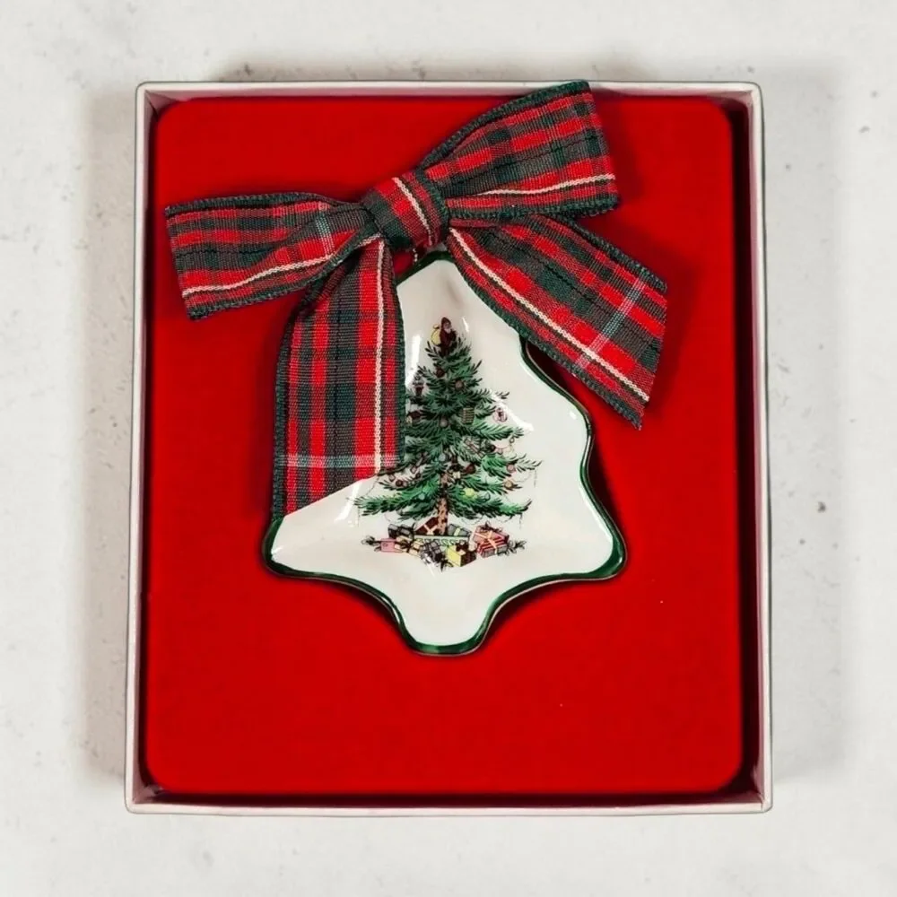 Spode Christmas Tree Ornament w/ Box Plaid Bow Porcelain Holiday Collectible